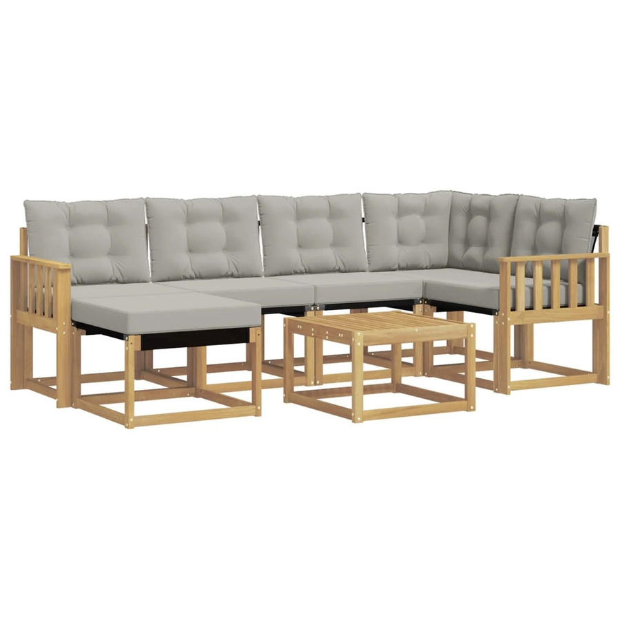 vidaXL Outdoor-Sofagarnitur 7-teilig in L-Form aus Akazienholz und Textilene mit Kissen in Weiß und Hellgrau - Bild 2