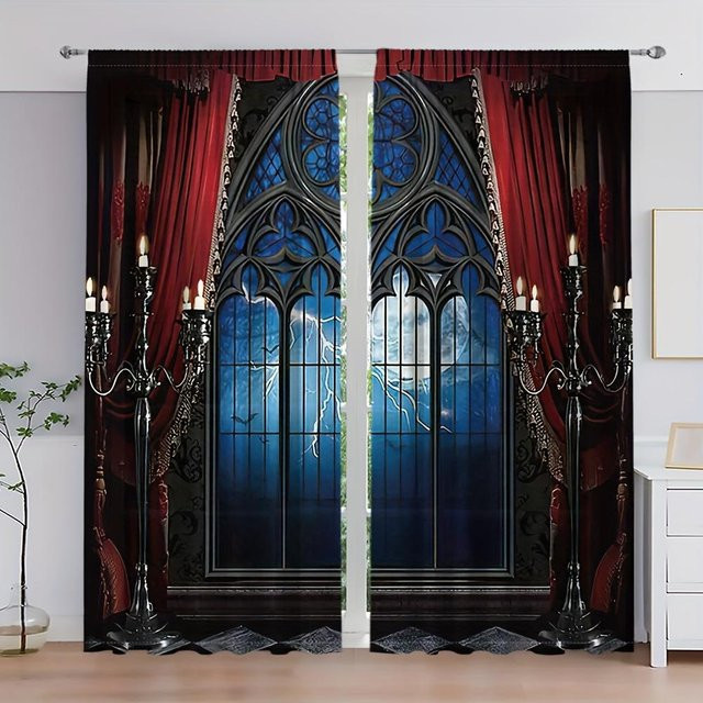 Yiran Furniture Vorhang Set 2 Stück Gothic Schloss Design Rot, Polyester, B: 70 cm, H: 165 cm - Bild 1