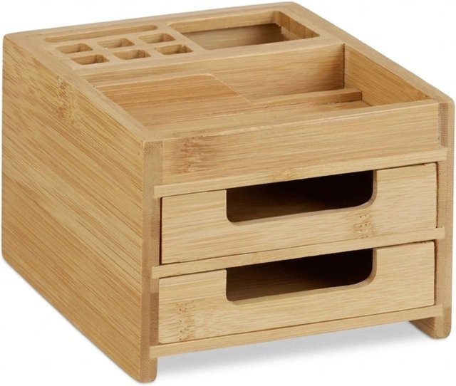 Relaxdays Schreibtisch Organizer aus Bambus in Natur mit 2 Schubladen, B/T/H: 9,5 x 12,5 x 15 cm - Bild 1