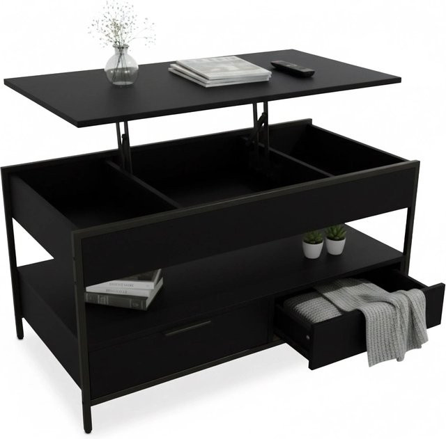 Relaxdays Couchtisch aus Holzwerkstoff und Eisen in Schwarz, höhenverstellbar und ausklappbar, B: 100 cm, T: 40 cm, H: 48 bis 63 cm - Bild 1