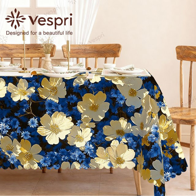 Vespri Oster-Tischdecke mit Frühlings-Blumenmuster in Blau, Schwarz und Gelb aus Polyester, Rund - Bild 1