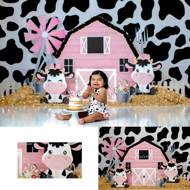 VIKAMA Fotohintergrund Rosa Kuhfarm für Kinder- und Erwachsenenfotografie im Landhausstil - Bild 1