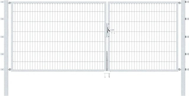 Verzinktes Metallzaun Doppeltor für Doppelstabmatten aus Stahl in Silber, B: 350 cm, H: 140 cm, zur Einbetonierung - Bild 1