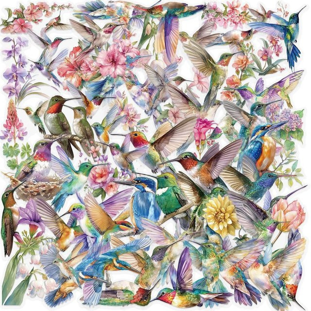 50 Stück wasserfeste Kolibri und Blumen Tier-Aufkleber aus transparentem PET von AnimeWorlds Store, Multicolor - Bild 1