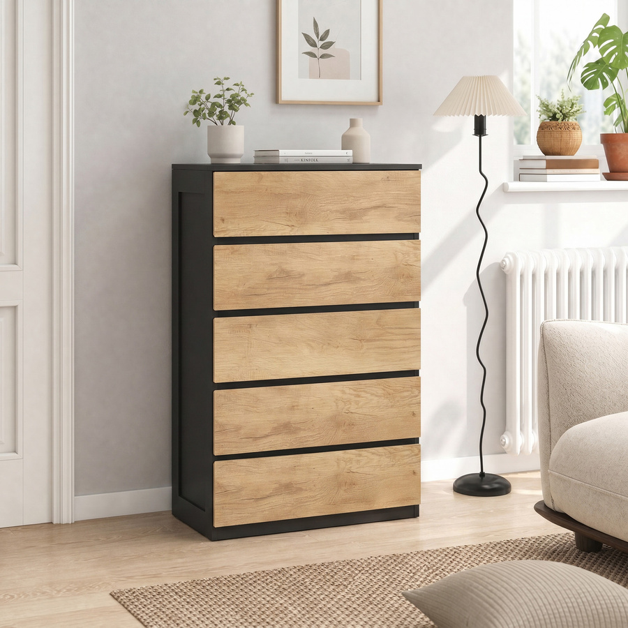 HOMCOM Kommode mit 5 Schubladen aus Holz in Schwarz und Eiche, B/T/H: 60 x 39 x 100 cm - Bild 2