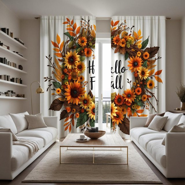 2er-Set Sonnenblumen Rattan Girlande Vorhang mit digitalem Print, Grün und Gelb, B: 132 cm, H: 160 cm - Bild 1