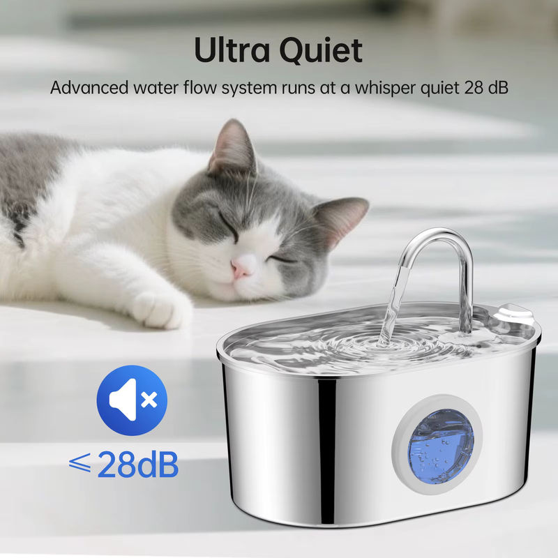 ZYfeeder Katzenbrunnen aus Edelstahl in Silber mit 2,2 Litern Fassungsvermögen, Wasserstandfenster und geräuschloser Wasserpumpe für Katzen und Welpen - Bild 3