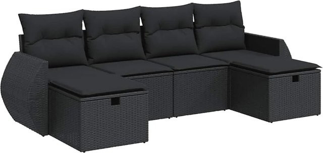 vidaXL 6-teilige Garten-Sofagarnitur aus Poly-Rattan mit Kissen in Schwarz - Bild 1