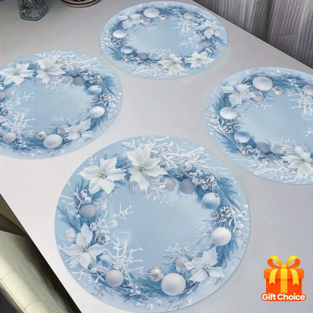 VIKAMA Winterkranz Essensmatte mit blauen Kugeln und weißen Zweigen in Silber, runde Tischdekoration für die Winterzeit - Bild 1