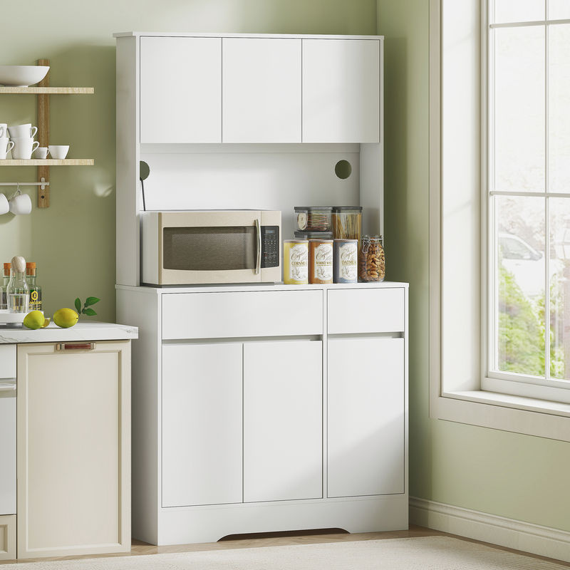 Aosom Küchenschrank Buffetschrank mit Arbeitsplatte und 6 Türen, Moderner Vorratsschrank und Mikrowellenschrank mit verstellbaren Einlegeböden und Kabellöchern, Weiß, B/T/H: 100 x 38 x 180 cm - Bild 2
