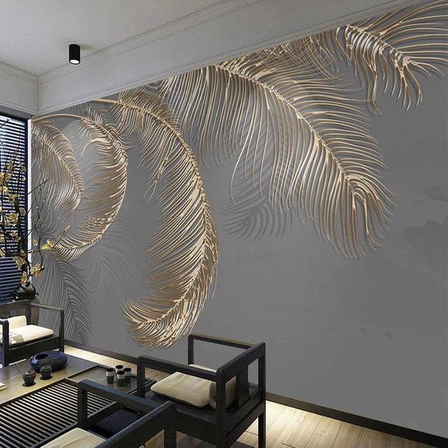 Moderne 3D Wandtapete mit Feder-Motiv und goldenen Relief-Linien in Beige und Gold für dein Wohnzimmer - Bild 1