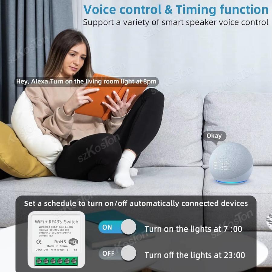 Tuya Smart Home WiFi RF433 Mini Relais Empfänger 16A in Weiß für Alexa und Google Assistant - Bild 2