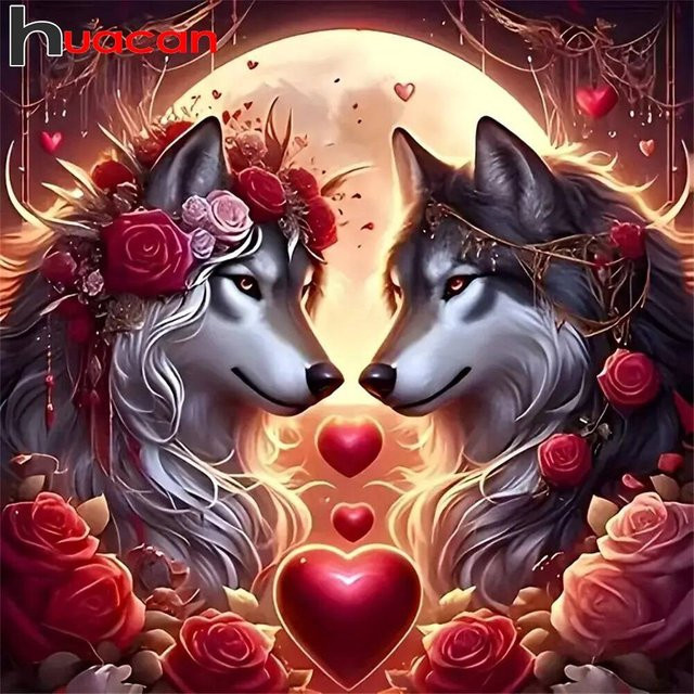 Huacan Diamant-Gemälde Wolf in Landschaft als rundes Diamant-Mosaik zur Heimdekoration - Bild 1