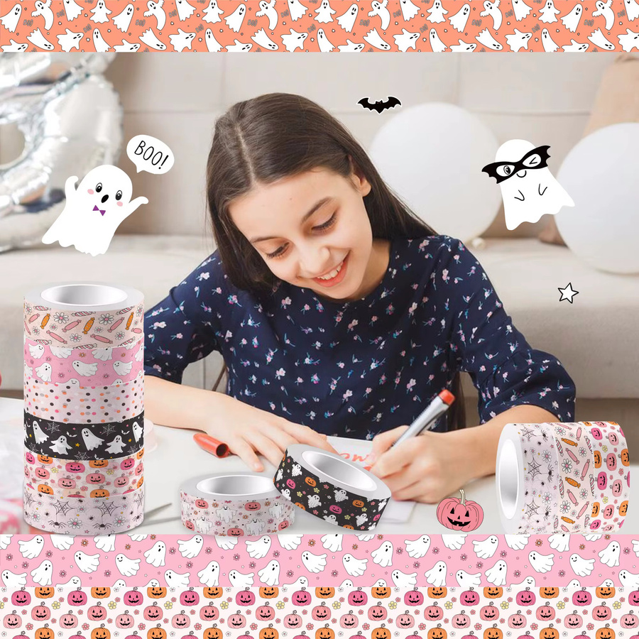 12 Rollen Washi-Tape mit Halloween-Motiven wie Kürbis, Geist und Spinnweben in Multicolour für Scrapbooking und Tagebuchgestaltung - Bild 2