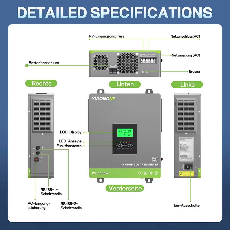YULONGNE Hybrid-Solarwechselrichter 3300W 24VDC zu 230VAC Off-Grid-Wechselrichter mit 120A MPPT-Laderegler und max. 5000W PV-Eingang in Grau - Bild 3