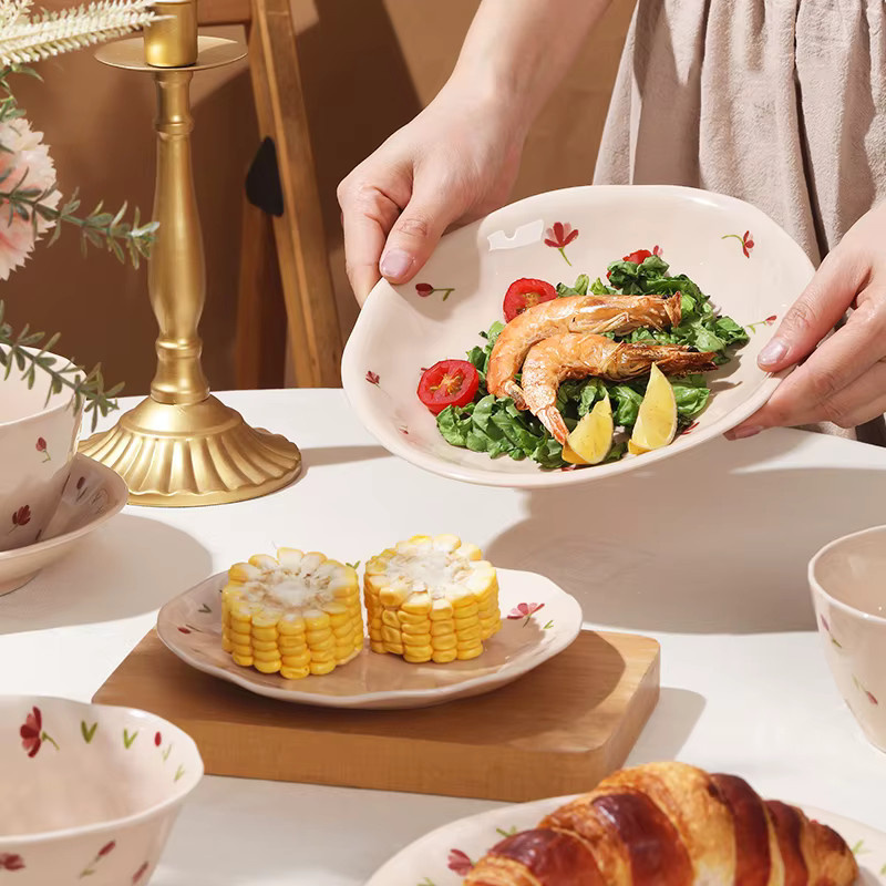 SOLECASA Keramik Geschirrset mit Blumenmuster bestehend aus Essteller, Suppenschüssel, Salatschüssel und Kaffeetasse, mikrowellengeeignet - Bild 2