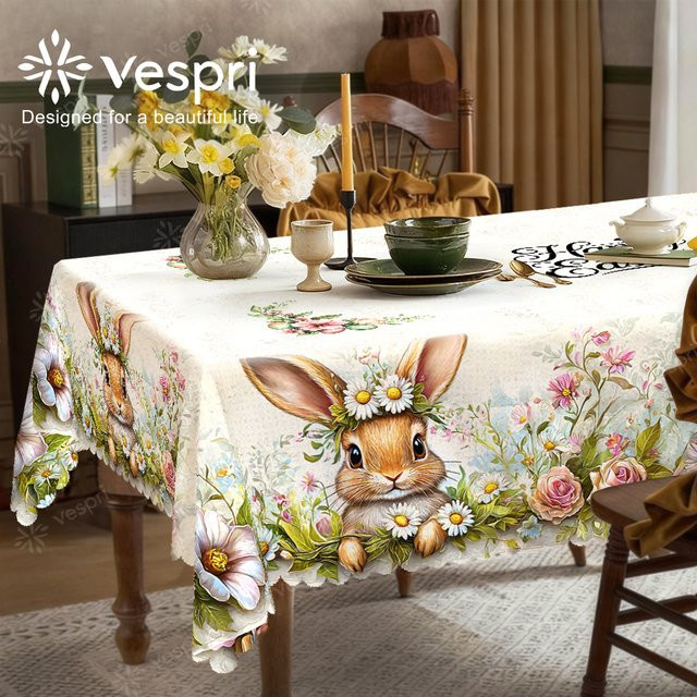 Vespri Oster-Tischdecke mit Hasen-, Blumen- und Blättermuster im Country-House-Stil für Partys und Feste - Bild 1