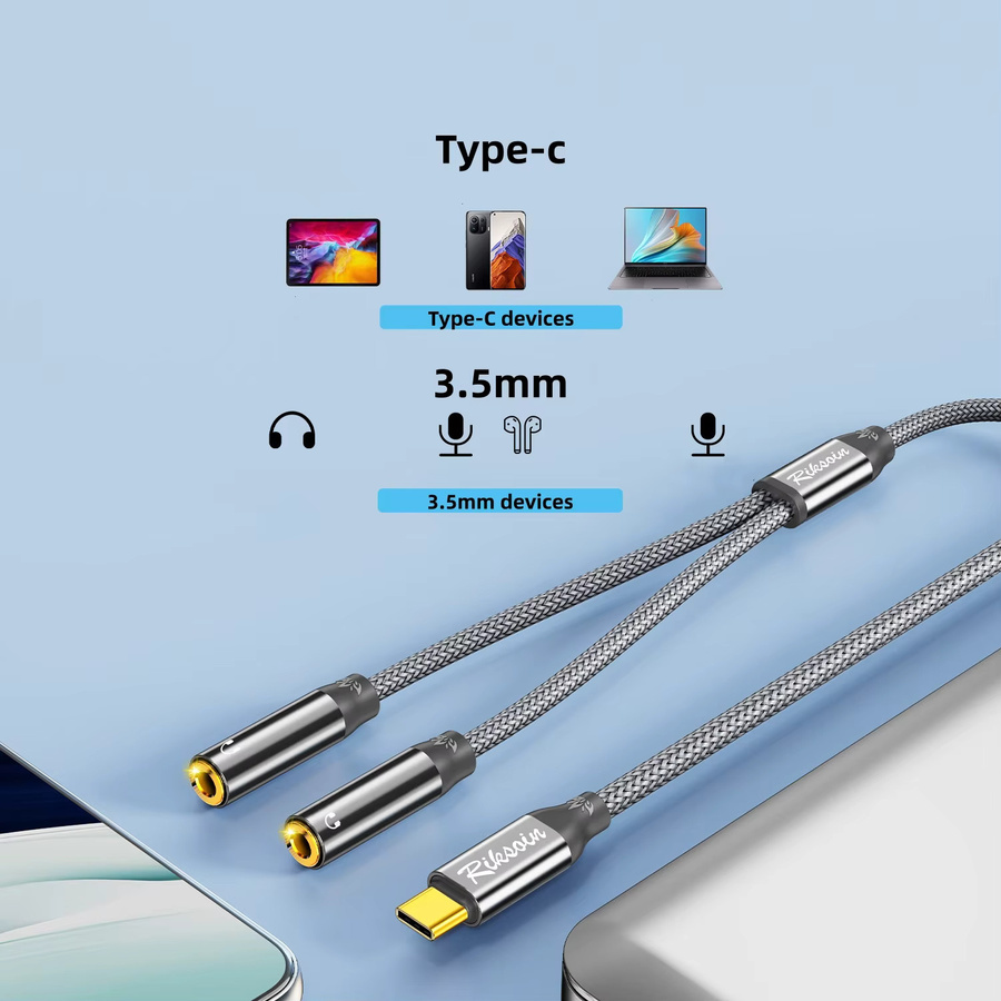 Riksoin USB-C auf 2 Buchsen Kopfhörer-Splitter HiFi TRRS Stereo-Audio-Adapter für Lautsprecher und Mikrofon in Grau - Bild 2