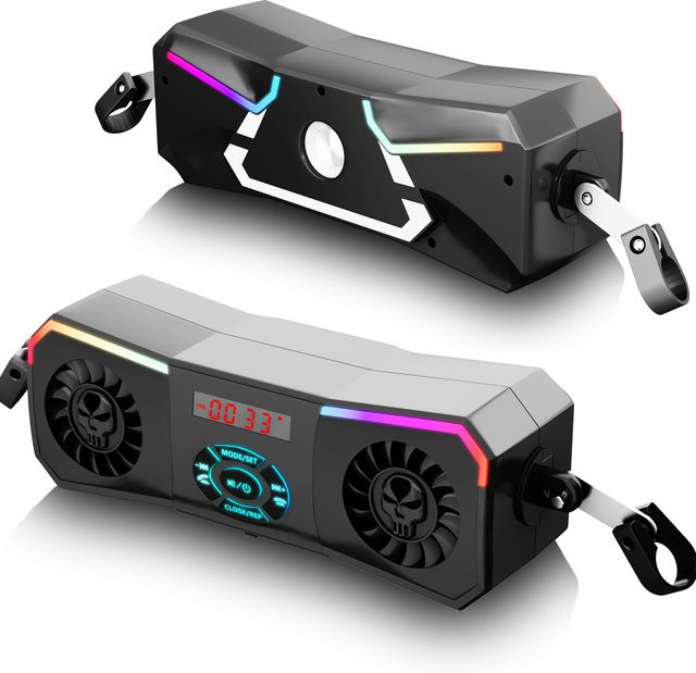 Purevox Motorrad-Lautsprecher kabelloses Stereo-Audiosystem in Schwarz mit MP3-Player, AUX, USB und FM-Radio für 12 V inklusive Lenkerhalterung - Bild 1