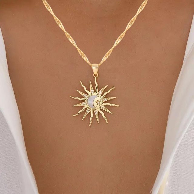 KaiTingu Halskette, Sonnenförmiger Diamant-Anhänger, Legierung, beige - Bild 1
