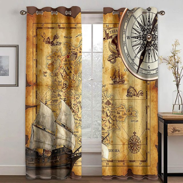 A Family Of Home Textiles Nautische Vorhänge mit Boot Skizze und Anker Motiv, 2 Panels, Beige, semi-transparent, Höhe: 135 cm, Breite: 165 cm - Bild 1