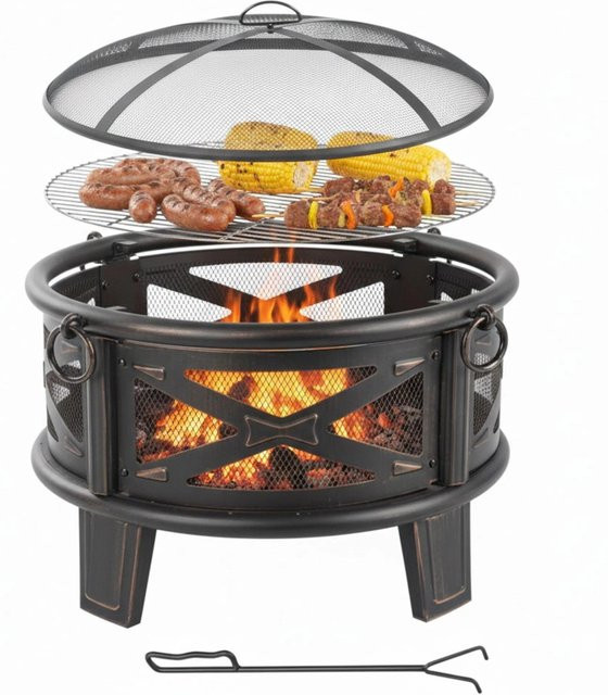 Relaxdays Feuerschale aus Stahl in Schwarz und Bronze mit Funkenschutz und Grillrost, B: 58 cm, H: 66 cm - Bild 1