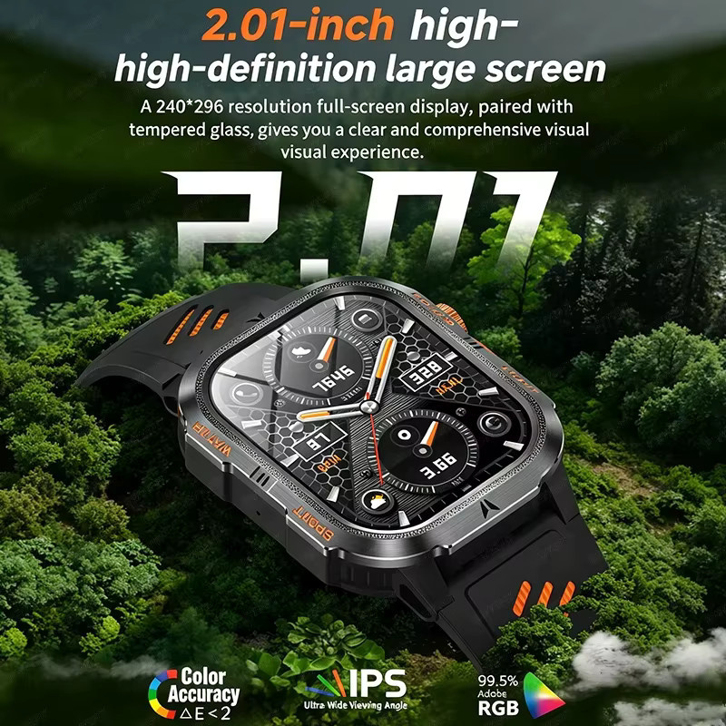 BOALZETD Militärische Outdoor-Smartwatch für Herren in Schwarz mit 2,01 Zoll Display, GPS, Bluetooth-Anruf und IP68 wasserdicht - Bild 6