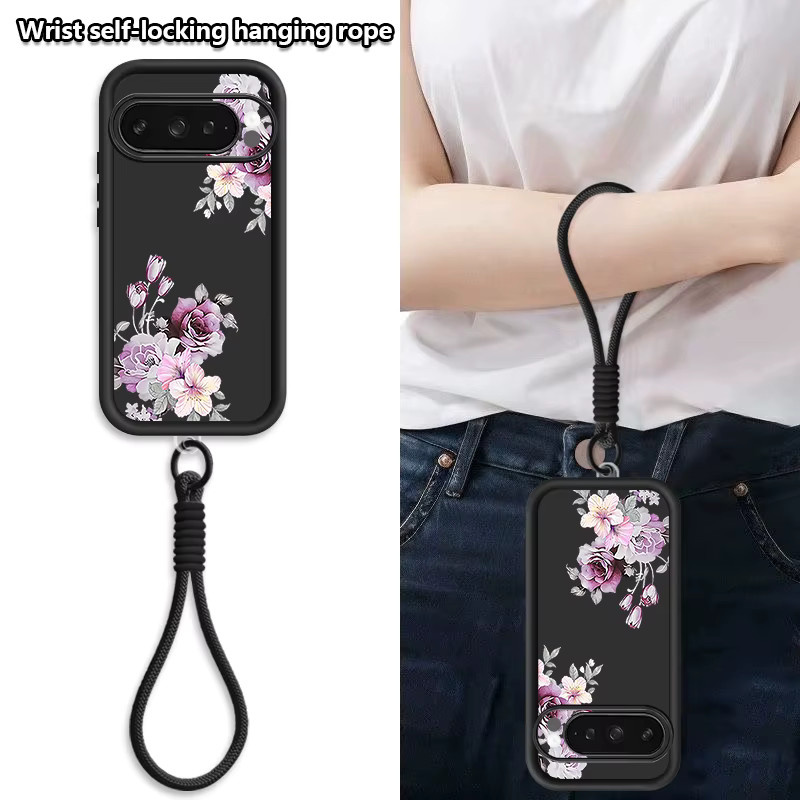 Handyhülle mit Blumenmuster und Schlüsselband für Google Pixel 10 9 8 7 Pro XL 9A 8A 7A aus schwarzem TPU Silikon - Bild 4