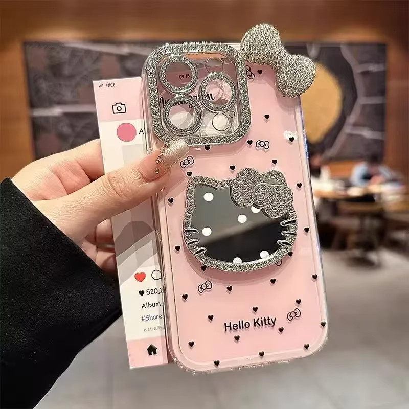 Sanrio Hello Kitty Handyhülle mit 3D Schleife und Make-up Spiegel in Pink für iPhone 17 16 15 14 13 12 11 Pro Max - Bild 2