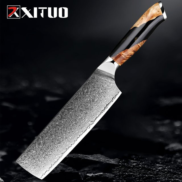 Xituo Nakiri Kochmesser aus Damast-Edelstahl VG10 mit ergonomischem Holzgriff, Silber/Weiß, Länge: 17,78 cm - Bild 1