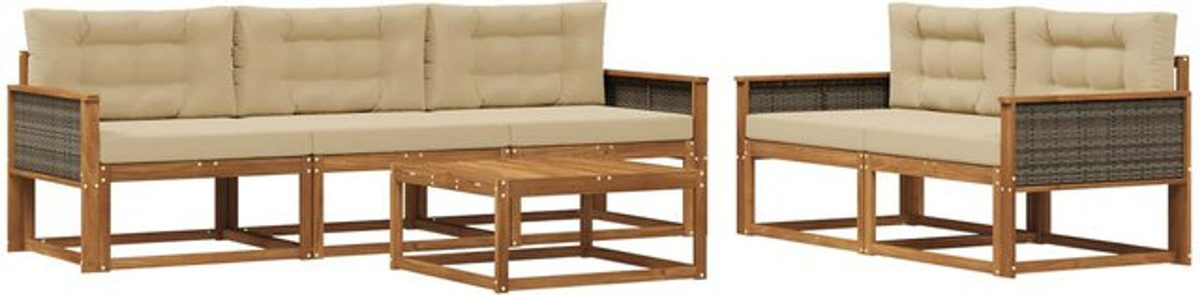 Modernes 6-teiliges Outdoor-Sofagarnitur Loungemöbel Set aus Akazie mit Kissen von vidaXL in Natur und Beige - Bild 1