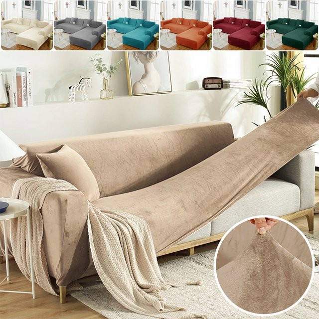 Luxuriöser L-förmiger Samt-Sofabezug von airldianer in Blau oder Beige, elastischer Ecksofa-Schonbezug für Sessel, staubdicht und haustierfreundlich - Bild 1