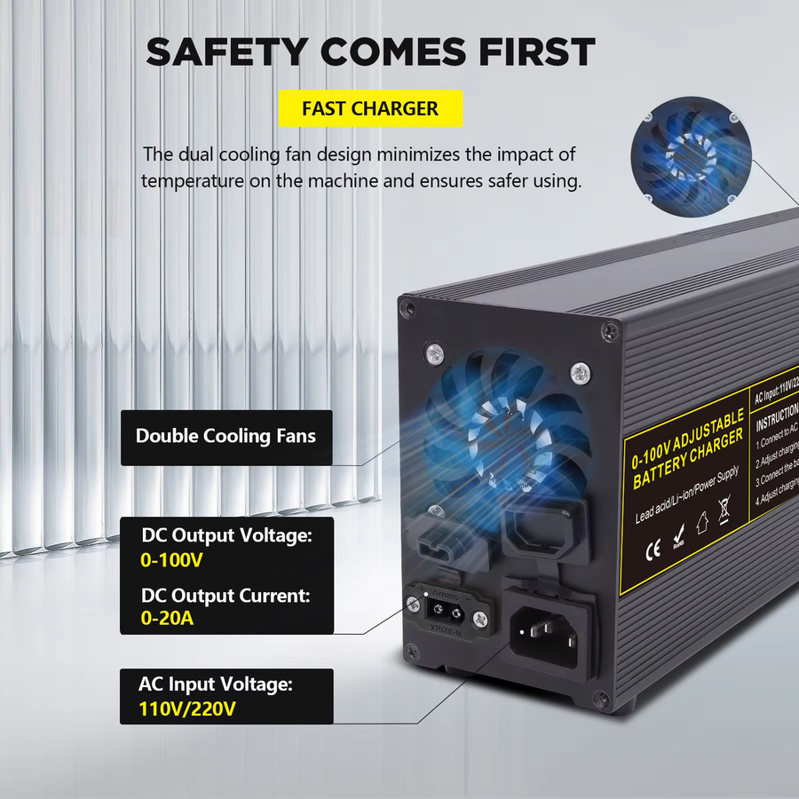 Einstellbares Hochleistungs-Ladegerät für LiFePO4 Batterien mit 20A und 40A, kompatibel mit 12V, 24V, 48V, 72V, 84V und 100V - Bild 3