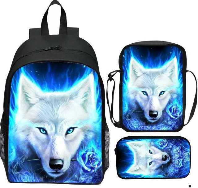 Fancy Style Studio Cartoon-Wolf Schulset mit Rucksack, Umhängetasche und Federmäppchen in Blau - Bild 1