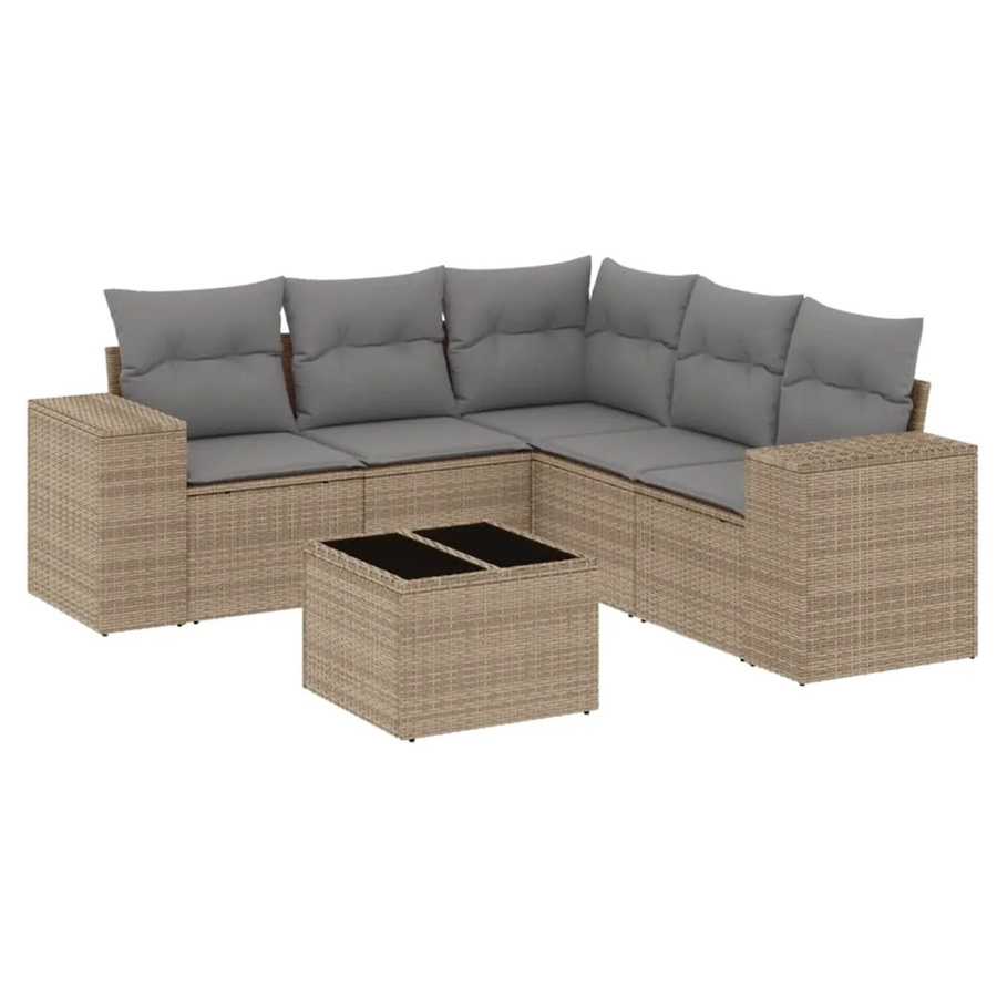 vidaXL 6-teilige Garten-Sofagarnitur in L-Form mit Kissen und Couchtisch, Beige, Poly Rattan und Metallrahmen - Bild 2
