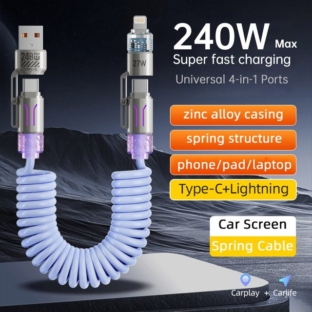 Setolgh 4-in-1 RGB USB-C-auf-USB-C-Kabel mit 240W PD-Schnellladegerät, Farbe: Blau, Länge: 1,8 m - Bild 1