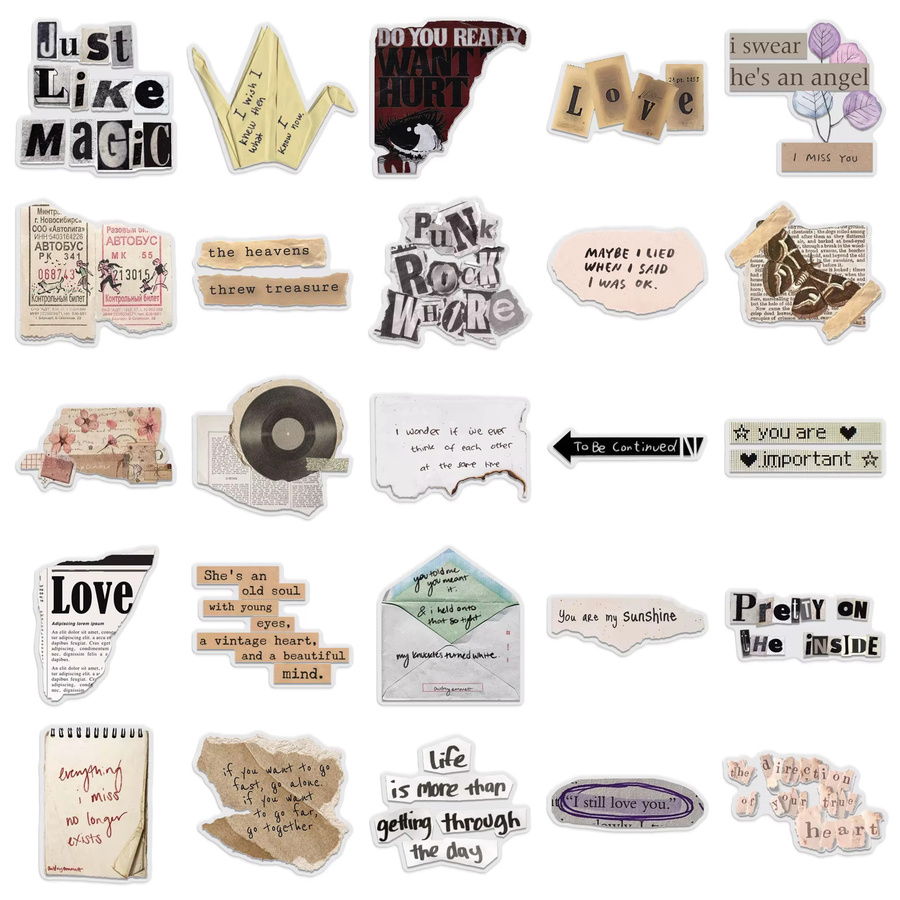 50 Stück Vintage Literarische Collage Aufkleber, Wasserdichte Ästhetische Text Doodle Sticker für DIY Notebook und Telefon, Mehrfarbig - Bild 2