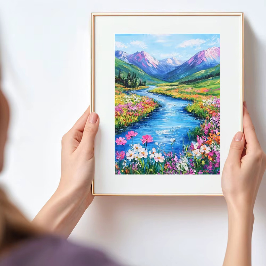 Huacan Diamantmalerei Landschaft mit Bergen, Blumen und Fluss als Mosaik-Set in Mehrfarbig, B/H: 20 x 30 cm - Bild 3