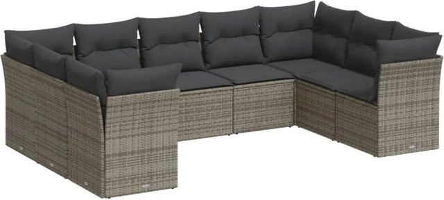 vidaXL 9-tlg. Garten-Sofagarnitur in L-Form aus grauem PE-Rattan mit Kissen und Stauraum - Bild 1