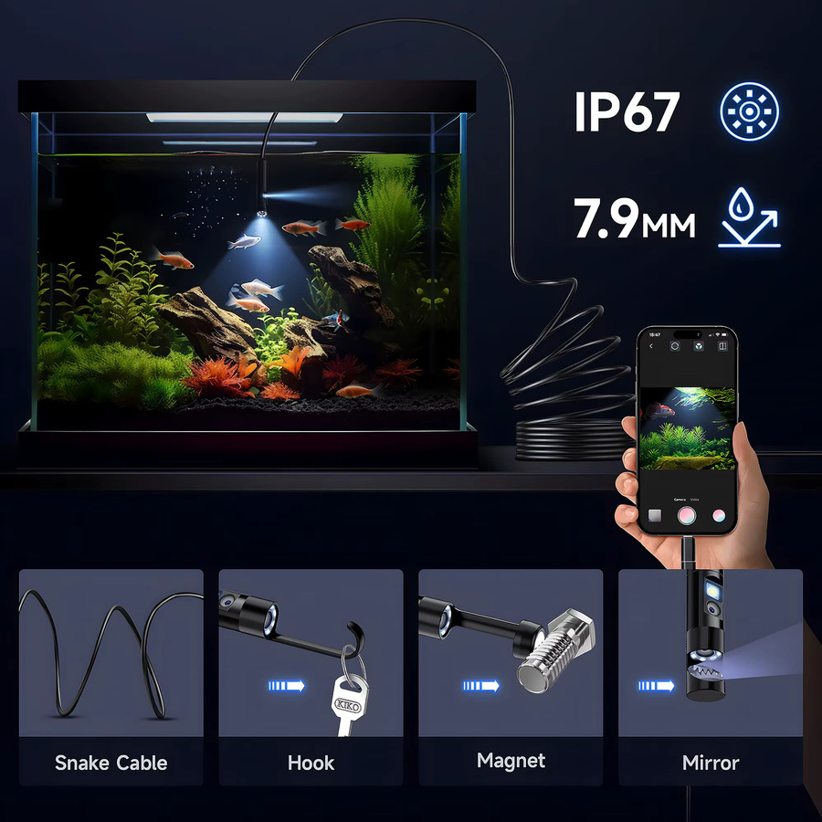 KERUI Endoskop Kamera mit Single oder Dual Lens für iPhone, iPad (iOS) und Android (USB-C), Schwarz, IP67 wasserdicht mit LED Licht für Industrieinspektionen - Bild 4