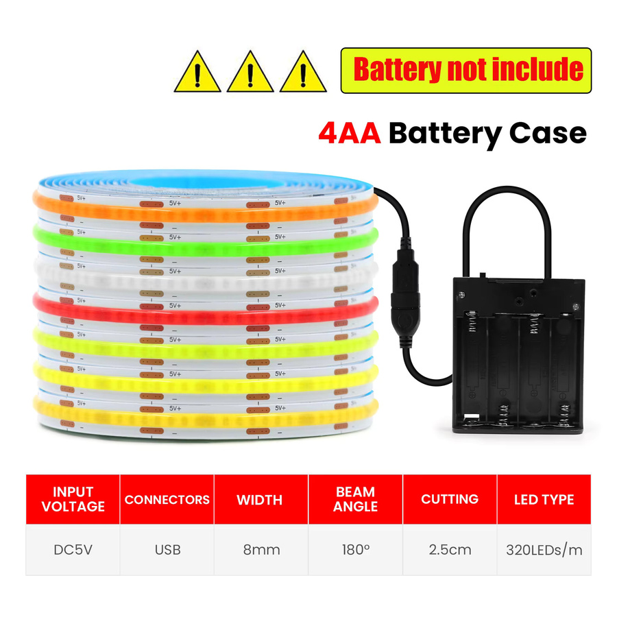 HEGEHE RGB COB LED-Streifen für TV-Hintergrundbeleuchtung mit USB-Anschluss und 4AA-Batteriehalterung, Multicolour, 320 LEDs/m - Bild 2