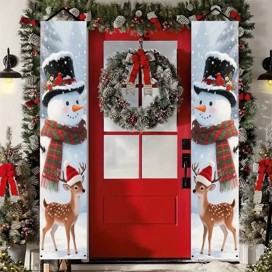 VIKAMA Weihnachtsbanner Winterpartydekoration mit Schneemann und Rentier aus Polyester, 2D-Willkommensschild für Weihnachten und Neujahr, Breite: 180 cm, Höhe: 30 cm - Bild 3