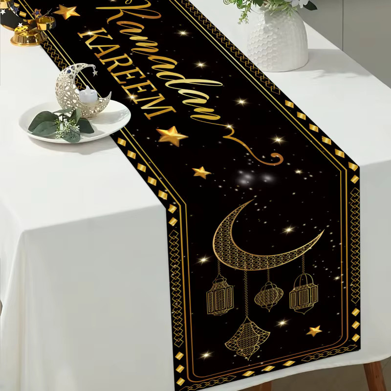 VIKAMA Ramadan Tischflagge Starlight in Schwarz-Gold mit Sternen und Mond als luxuriöse Dekoration für das muslimische Festival, B/T: 90,0 x 33,0 cm - Bild 2