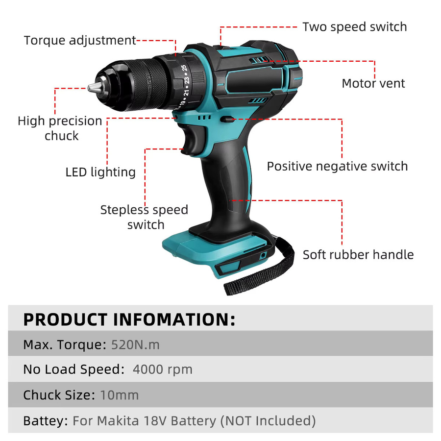3 in 1 Elektrischer Schlagbohrschrauber mit 520 Nm Drehmoment und 10 mm Spannfutter für Makita 18 V Akku, Flachbohrhammer mit 4000 U/min - Bild 6