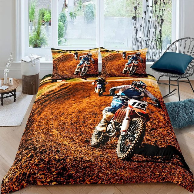 Motorrad Bettwäsche Set Motocross Design aus Polyester in Orange, 2-teilig, B/H: 140 x 210 cm mit 2 Kissenbezügen 50 x 70 cm - Bild 1