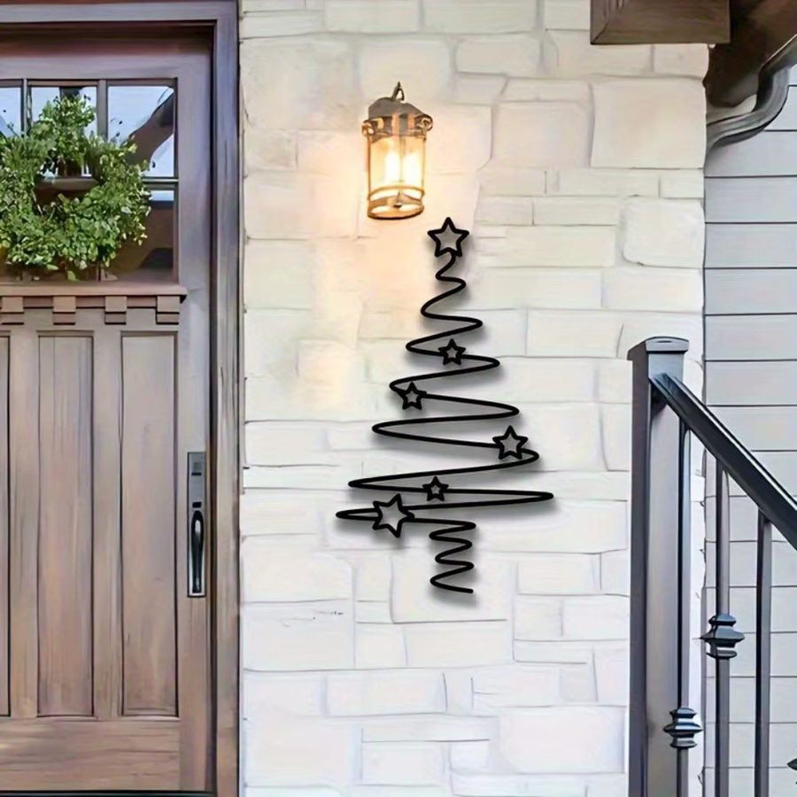CIFBUY 2D-Weihnachtsbaum-Wandskulptur aus Metall in Schwarz mit floralem Design und Sternen zur Dekoration für Innen und Außen - Bild 3