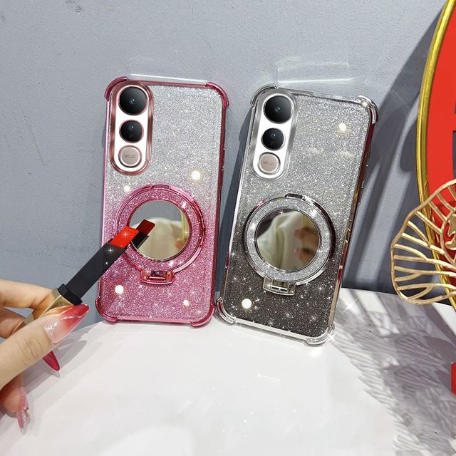 LIEI Handyhülle für Vivo V50 Lite in Pink mit Glitzer-Design, Spiegelständer und Perlenband - Bild 1