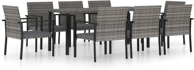 vidaXL 9-tlg Garten-Essgruppe aus Poly Rattan und pulverbeschichtetem Stahl in Grau mit Glastisch - Bild 1