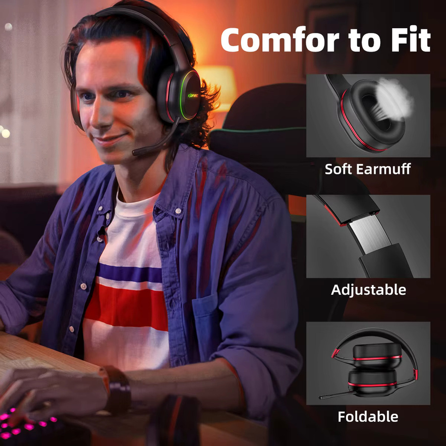 Kofire UG-05 Gaming Kopfhörer mit 2,4G Wireless, Bluetooth 5.0, Mikrofon, RGB-Licht und Vibration in Schwarz-Rot für PS4, PS5, PC und Switch - Bild 5