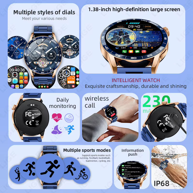 LIGE Smartwatch mit 1,38 Zoll HD Display, Bluetooth Voice Calling, IP68 wasserdicht, Fitness Tracking und Gesundheitsfunktionen in Schwarz - Bild 2